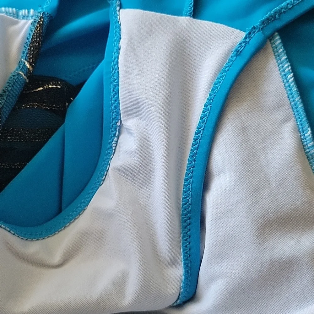 NEW without Tags One Piece Swimsuit Blue Black Mesh/ Gold Accent Sz.14